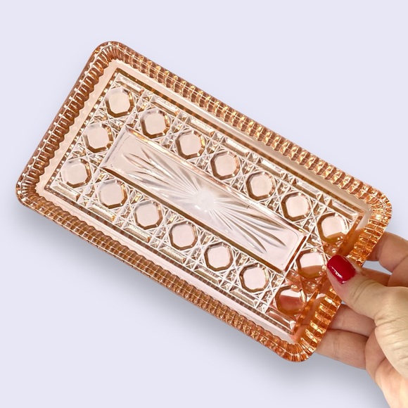 Peach Ballad Vintage Cranberry Tray w/ Server Pink Glass Oneida 8.5” - Picture 6 of 10